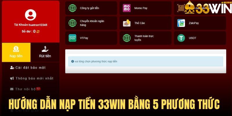 Nạp tiền 33Win với nhiều phương thức